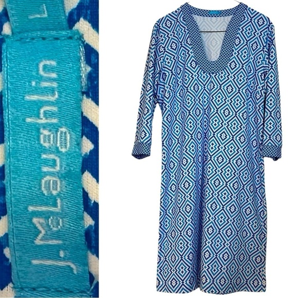 J. McLaughlin Dress Catalina Nylon Cloth Aztec Blue & White Beachy Coastal Sz L - Picture 1 of 14